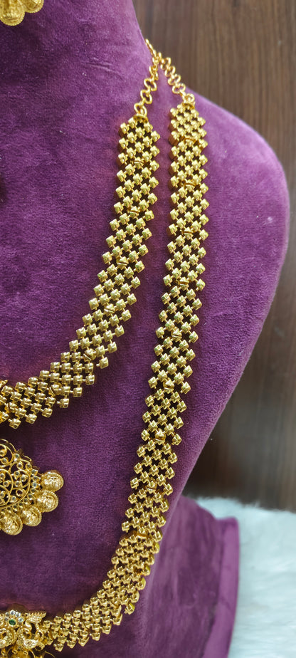 Premium gold look necklace long haram earrings and mangtika combo set
