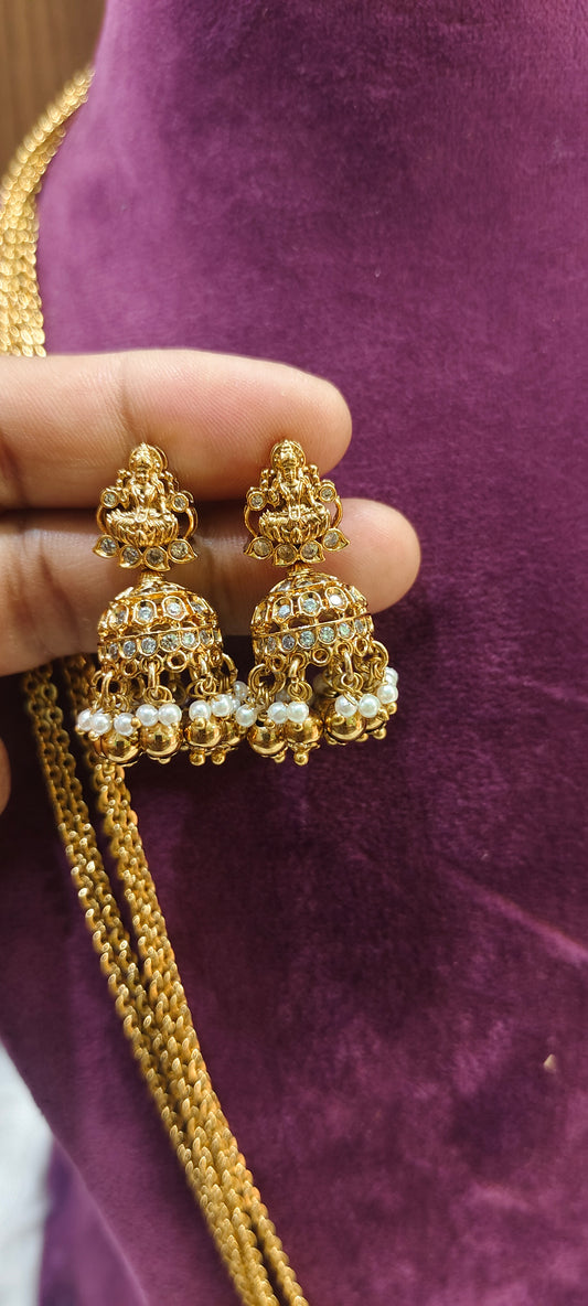 Premium nakshi 32 " length 5 line pendant chandaraharam with jumkas