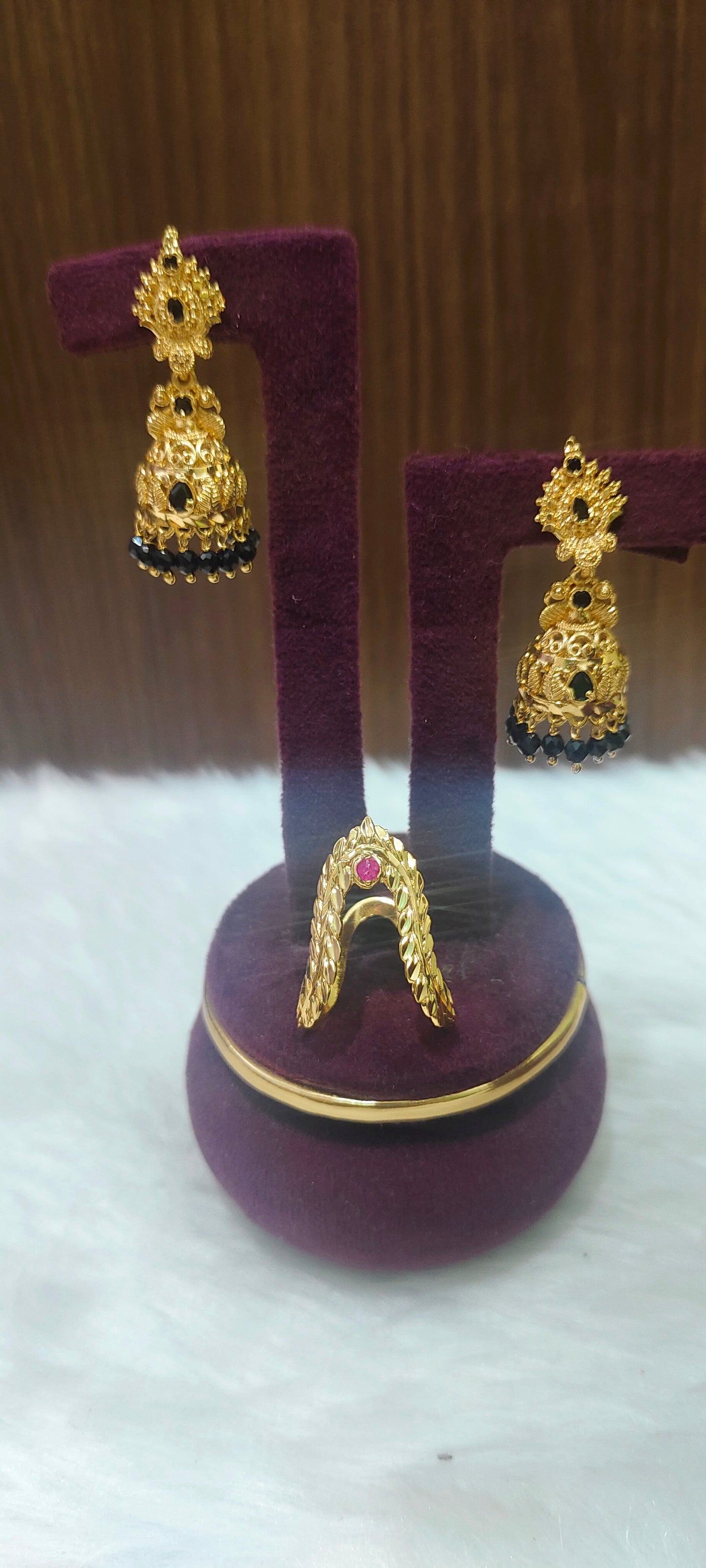 Premium gold look 4 set combo(28" length black beads,24"length thali chain, jumkas,vanki ring)