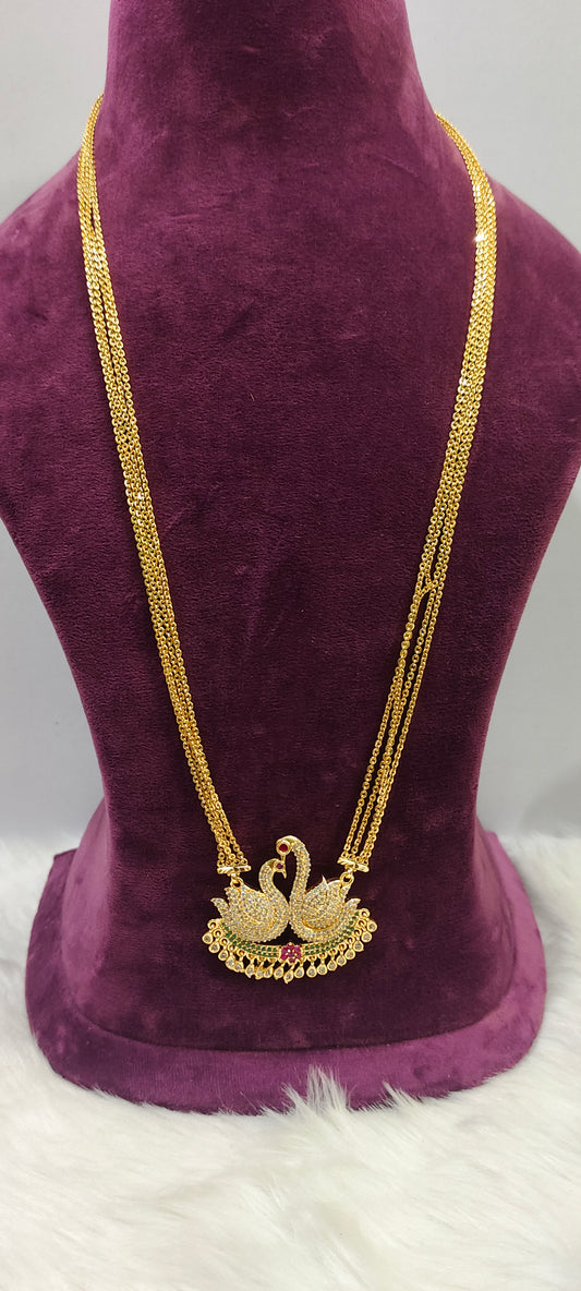 Premium micro gold 4 line chandraharam with swam pendant with 28" length