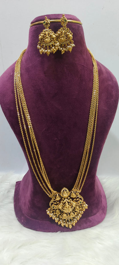 Premium nakshi 30" length 5 line chandraharam with ashtalakshmi pendant and earrings