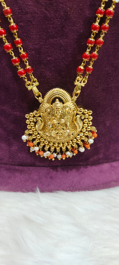 Nakshi finish long beads chain with Lakshmi Devi pendant