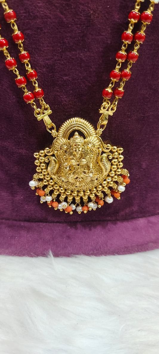 Nakshi finish long beads chain with Lakshmi Devi pendant