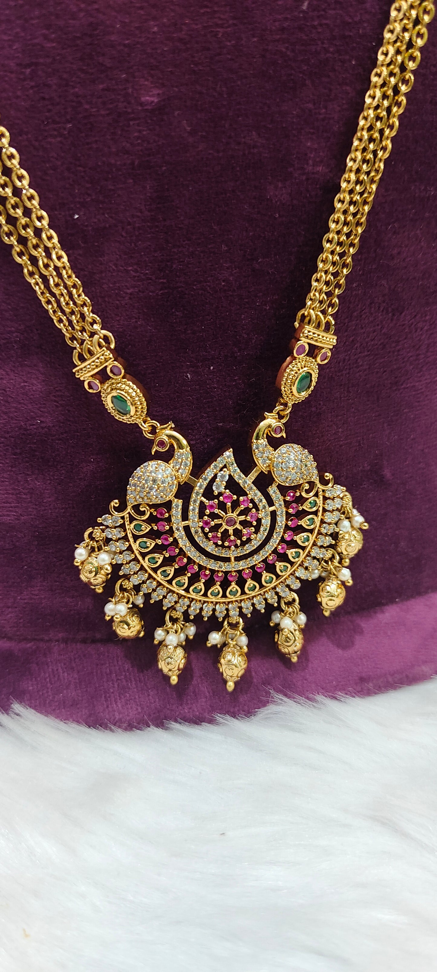 Premium nakshi 32" length 3 line chandraharam pendant chain