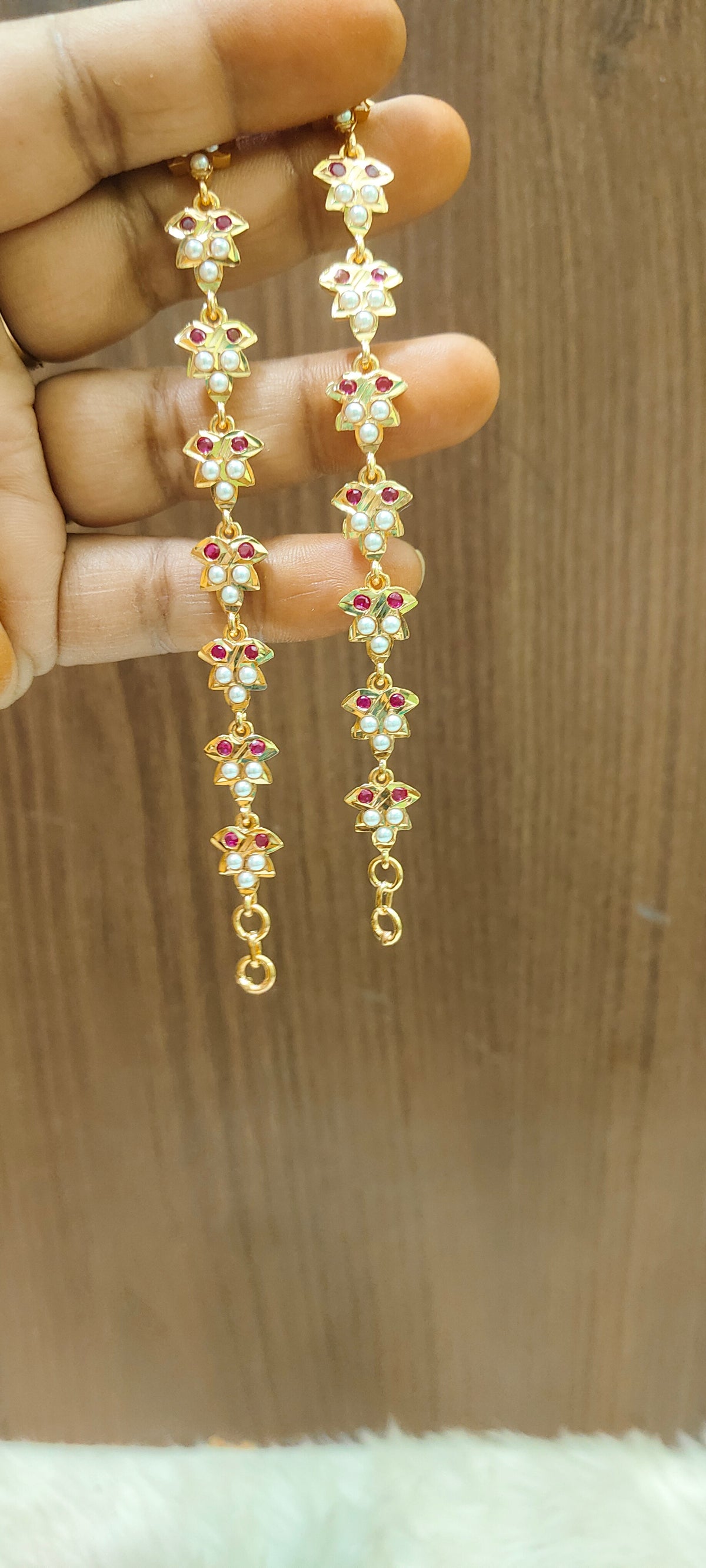 Pure panchaloham ruby and pearl earchains