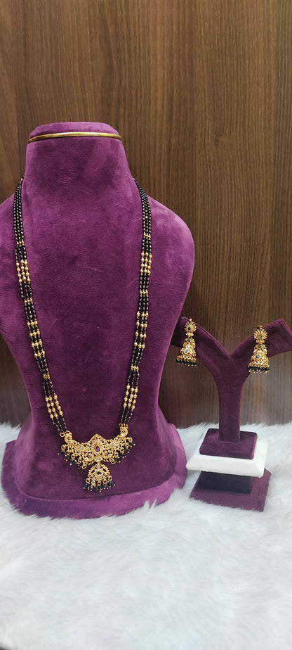 Premium nakshi 3 line black beads and earrings combo