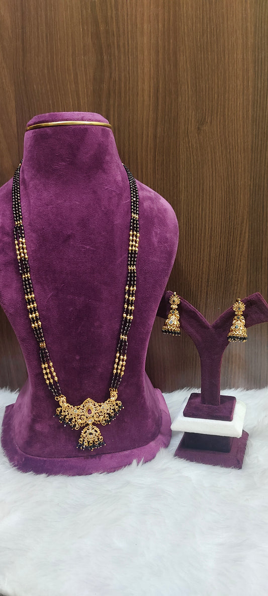 Premium nakshi 3 line black beads and earrings combo
