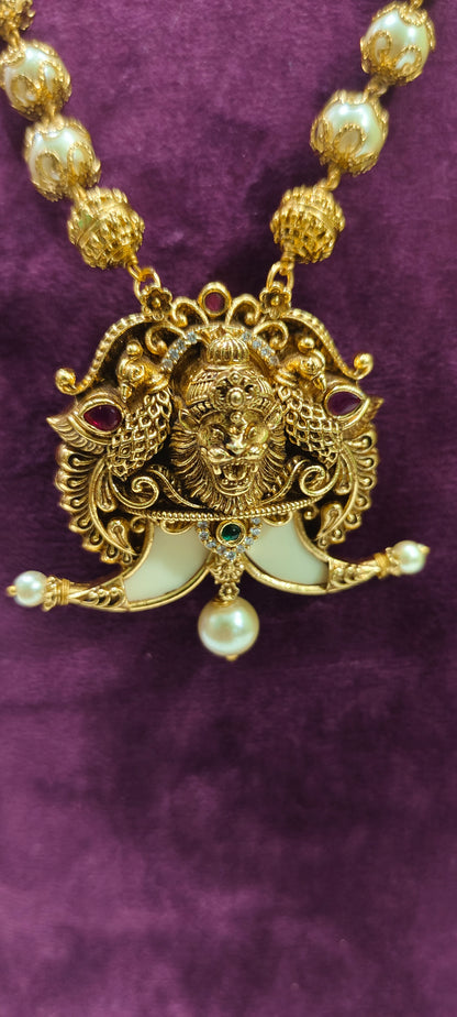 Premium antique nakshi 22" length puligoru pendant with pearl chain