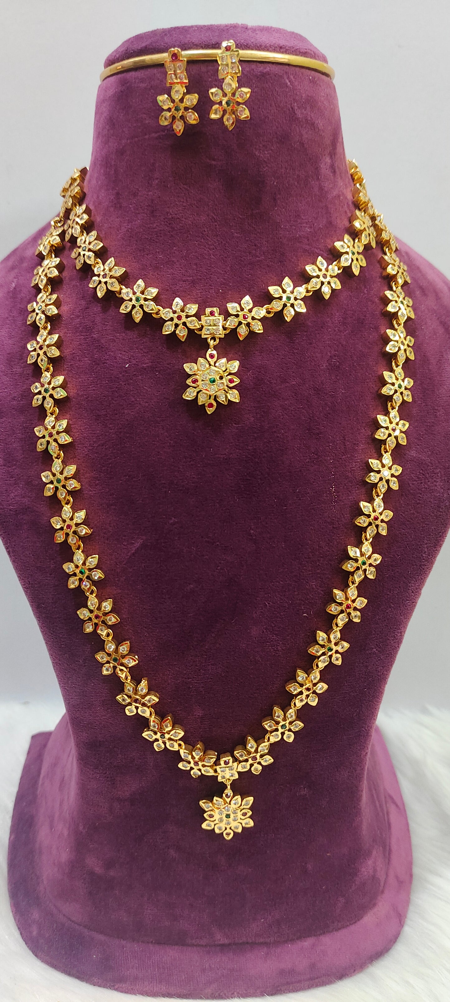 Pure panchaloham trendy necklace and long haram combo set with push back earrings