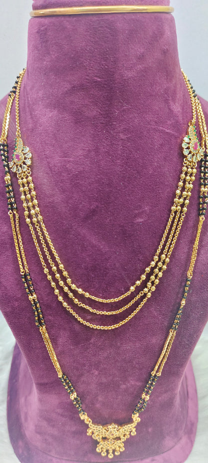 Premium nakshi 3 step necklace with 28" length black beads combo