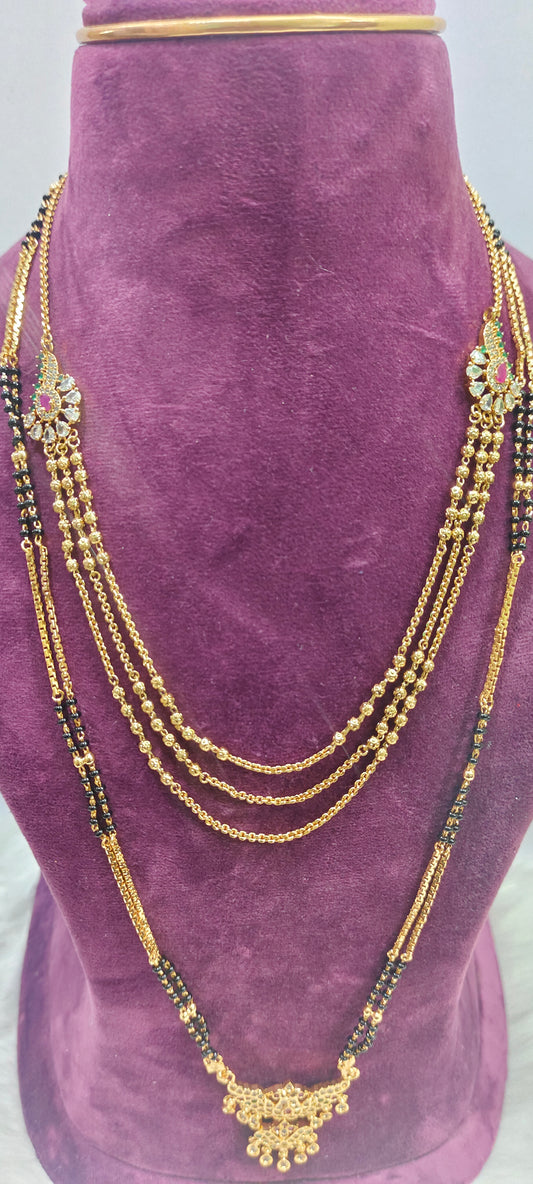 Premium nakshi 3 step necklace with 28" length black beads combo
