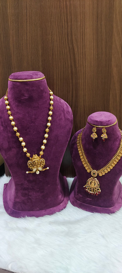 Premium nakshi men 22" length puligoru chain and ladies kasu necklace set combo
