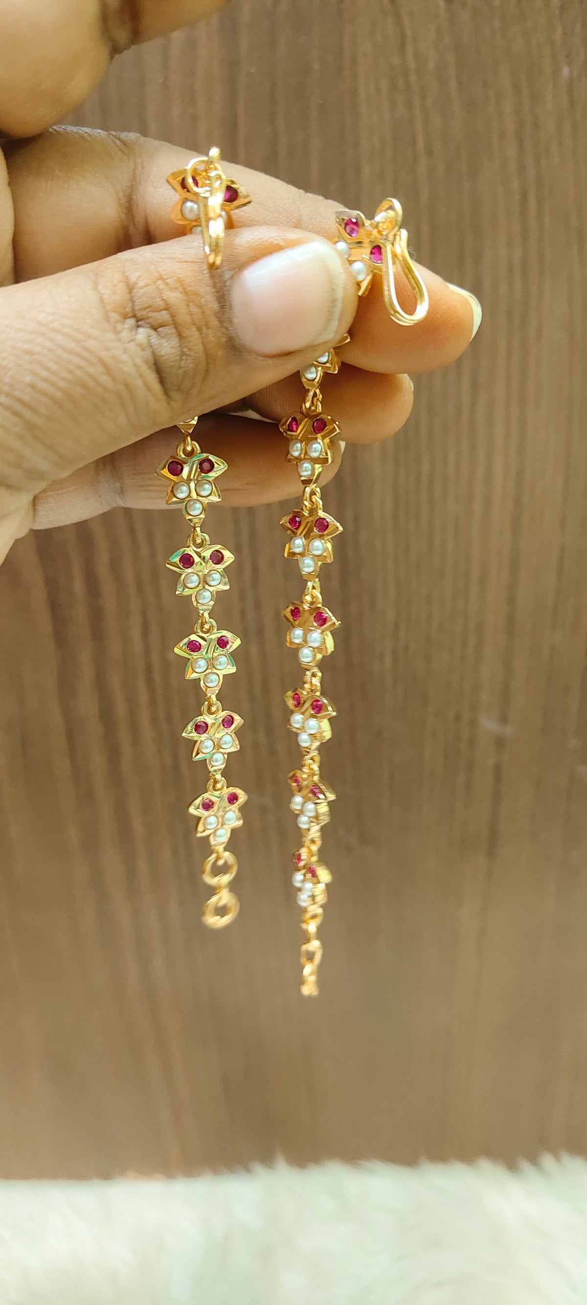 Pure panchaloham ruby and pearl earchains