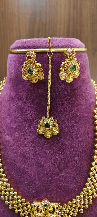 Premium gold look necklace long haram earrings and mangtika combo set