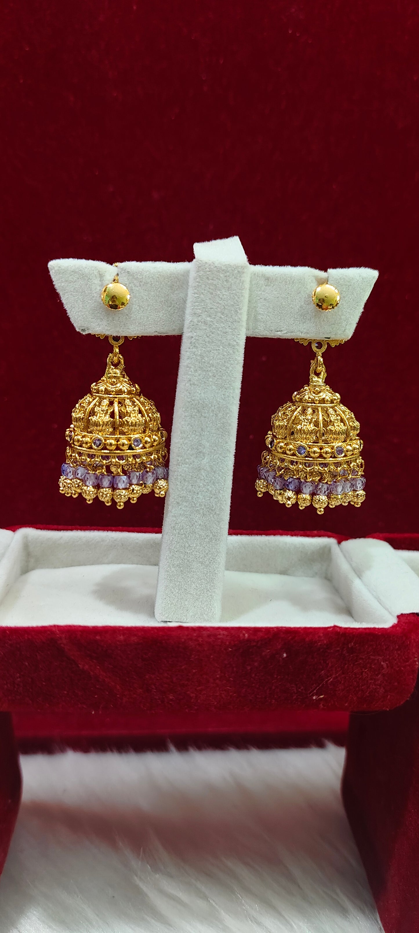 Premium gold look medium big size light violet colour Lakshmi Devi jumkas