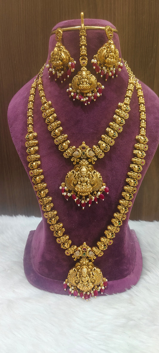Premium nakshi necklace , long haram, earringsand  mangtika bridel combo set