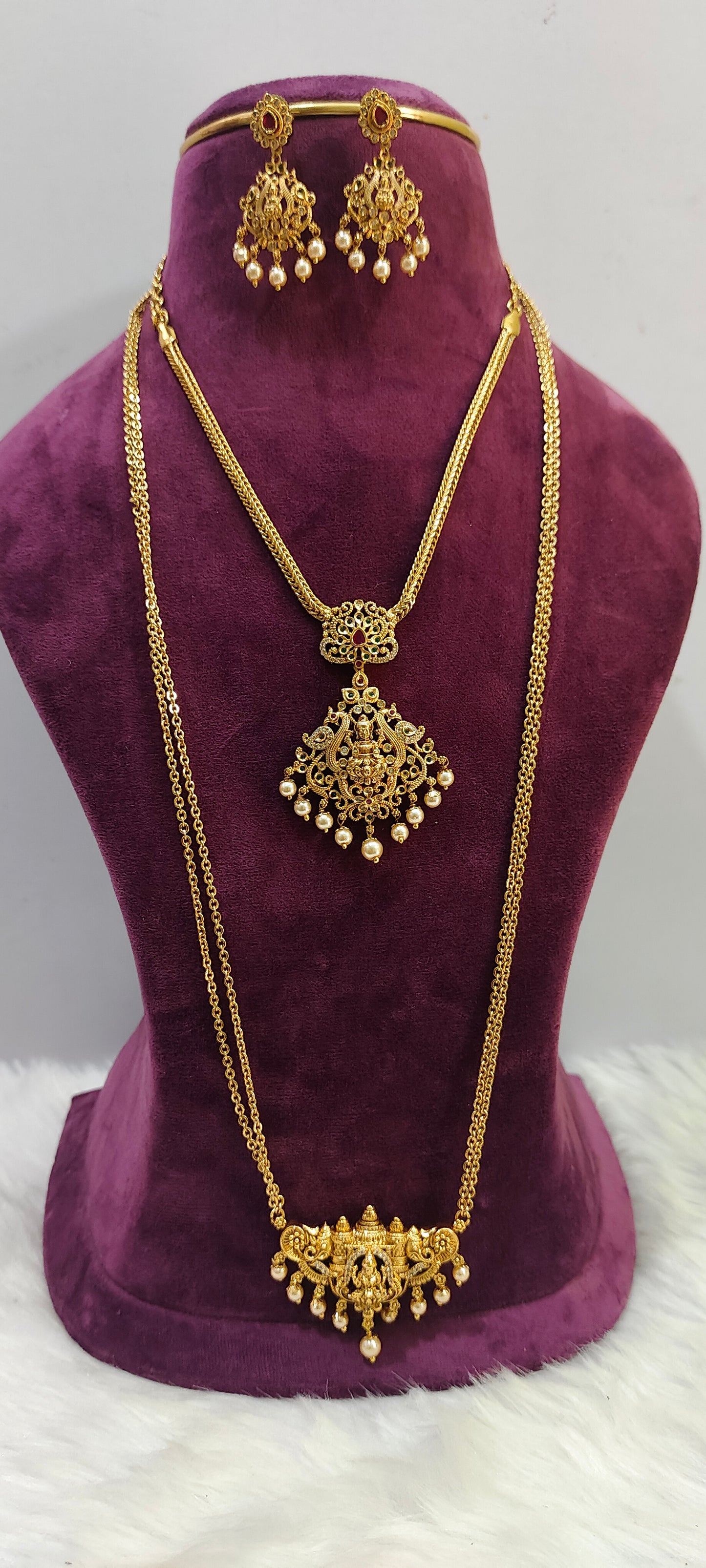 Premium nakshi nanu necklace with earrings and 2line 28" length pendant chain combo