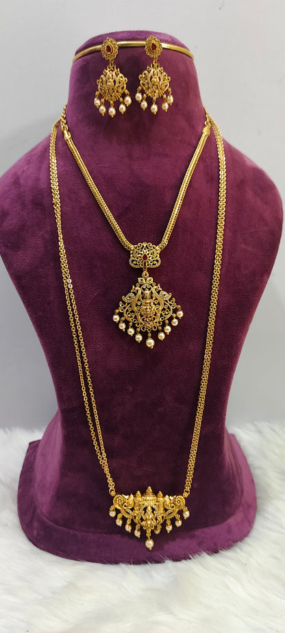 Premium nakshi nanu necklace with earrings and 2line 28" length pendant chain combo