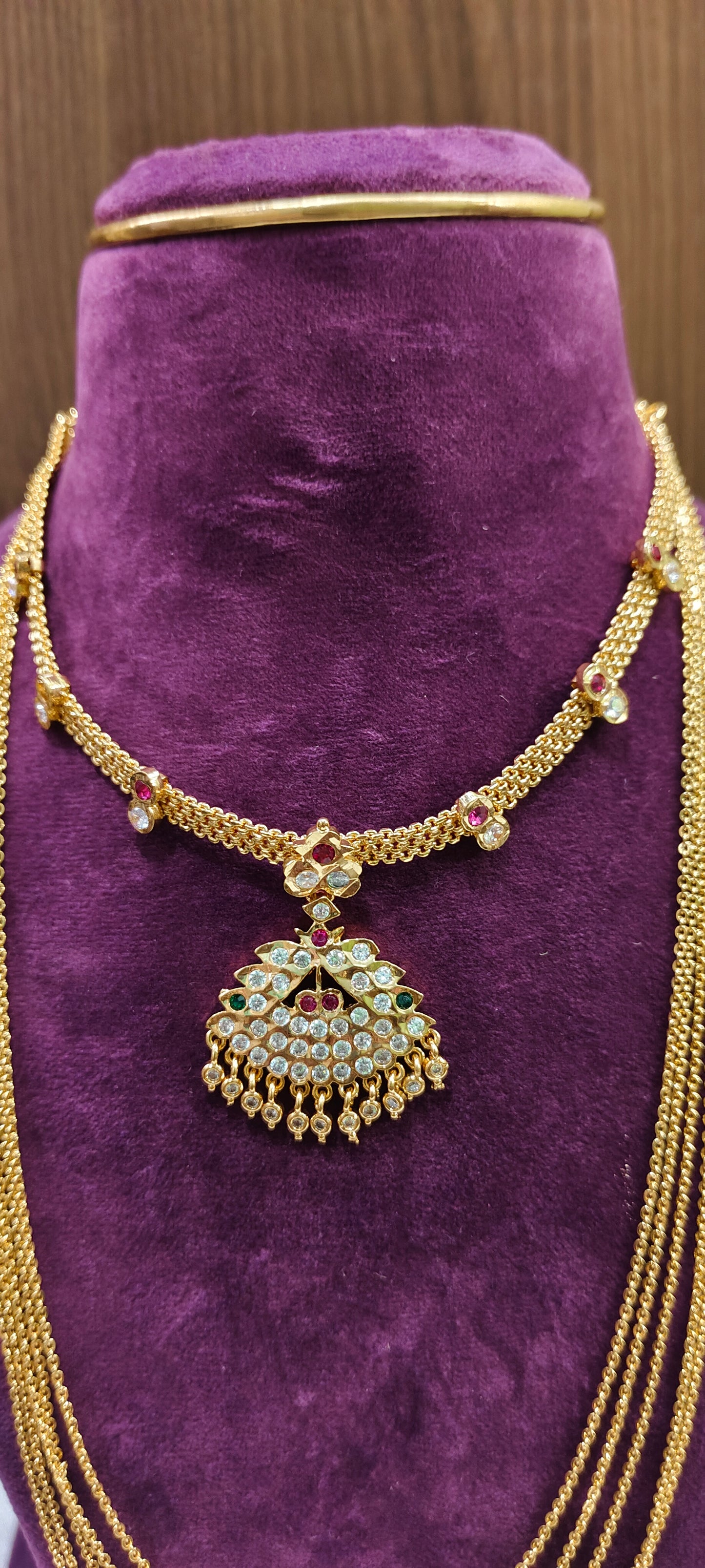 Pure panchaloham Jigini necklace and micro gold plated 28" length step Chandraharam combo