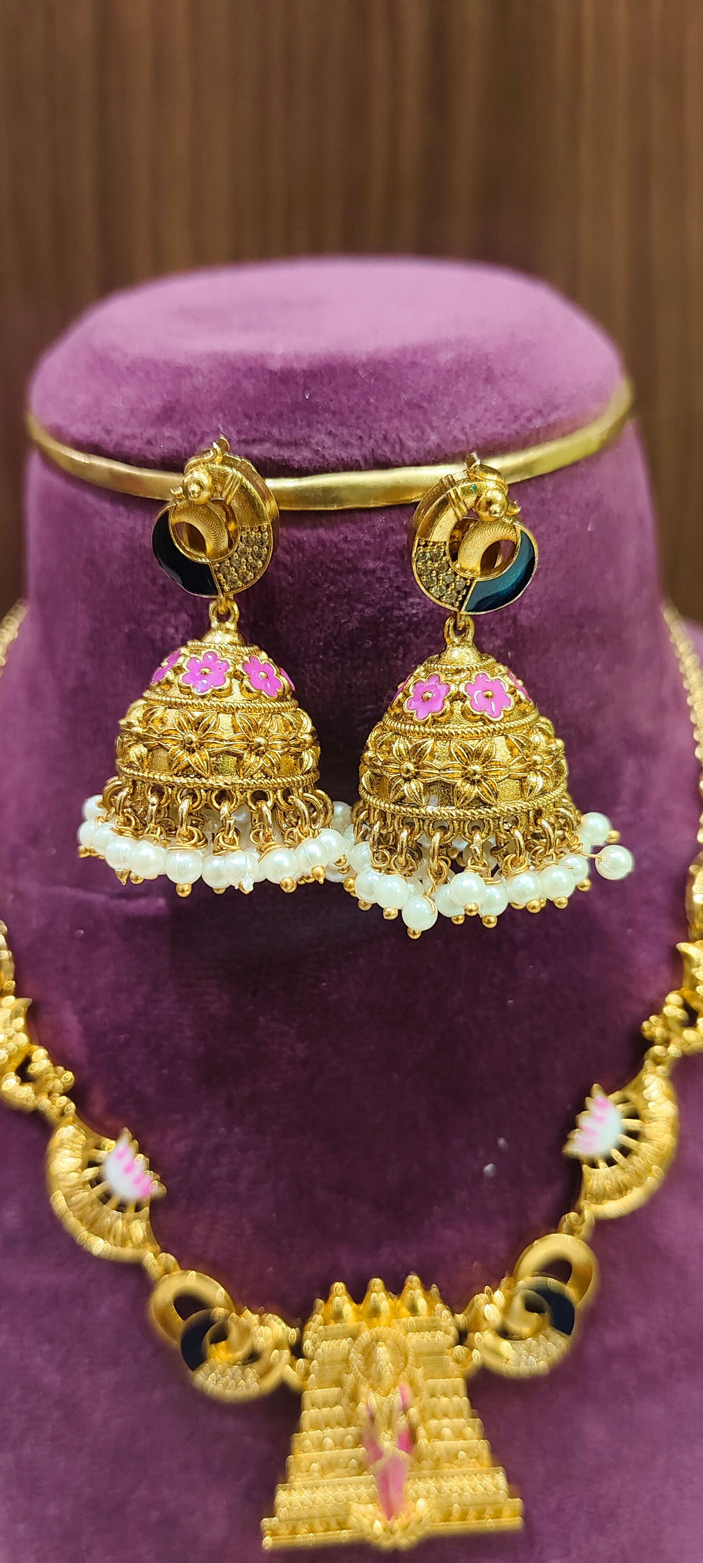 Premium gold look temple jewellery with meenakari design