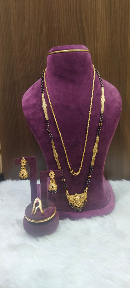 Premium gold look 4 set combo(28" length black beads,24"length thali chain, jumkas,vanki ring)