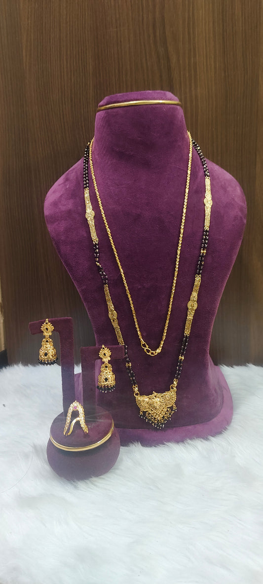 Premium gold look 4 set combo(28" length black beads,24"length thali chain, jumkas,vanki ring)
