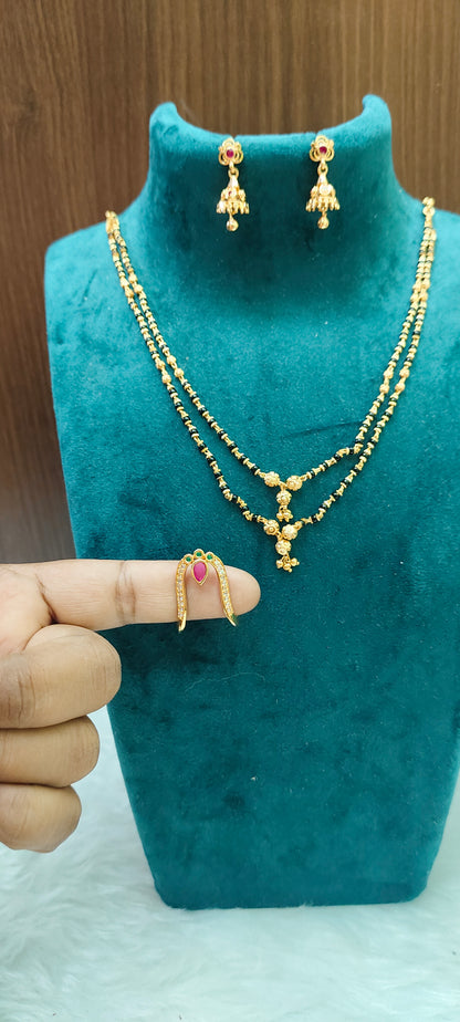 Premium 3 set combo ( 2 line 18" black beads, panchaloham jumkas,vanki ring)